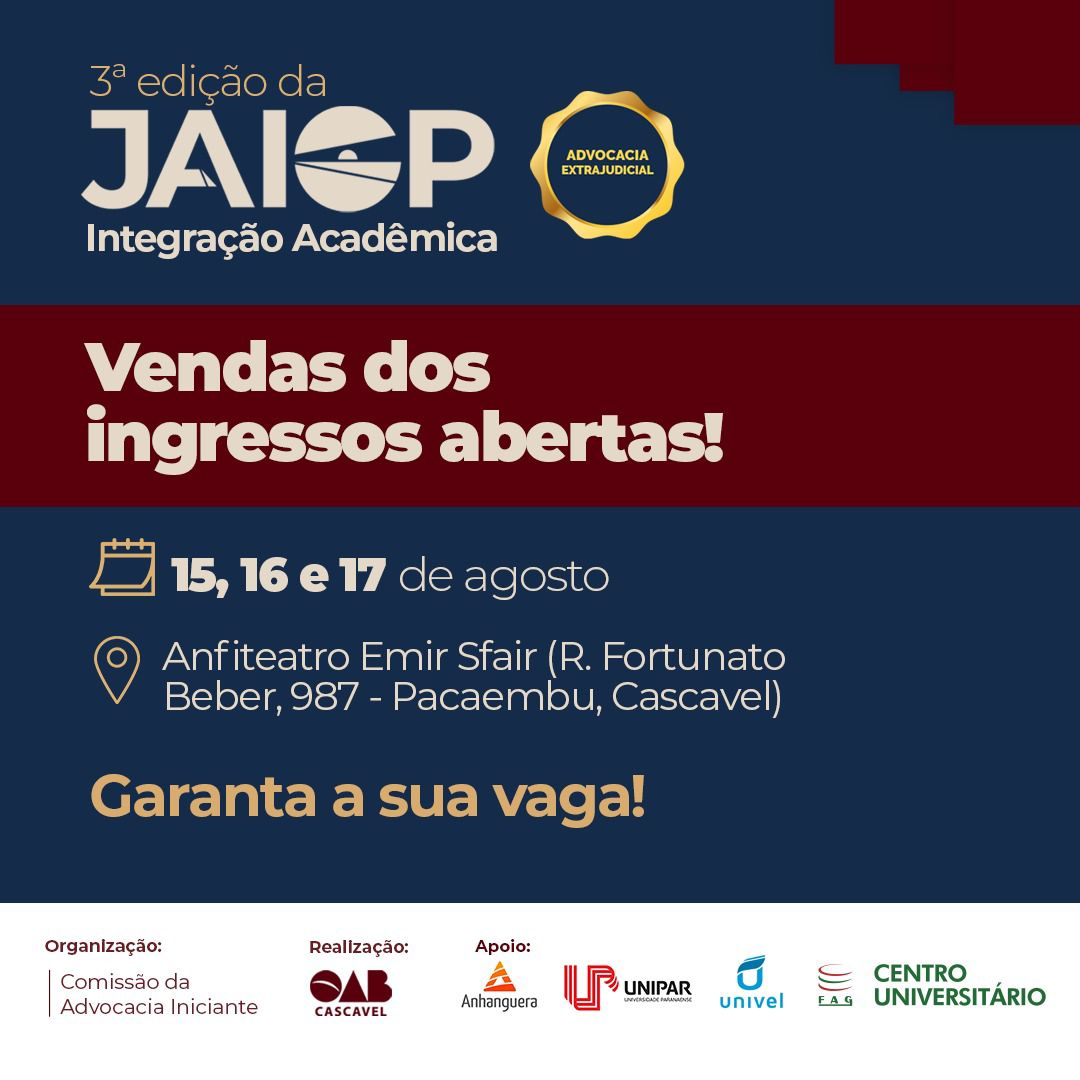 OAB Cascavel abre inscrições para a terceira edição da JAIOP